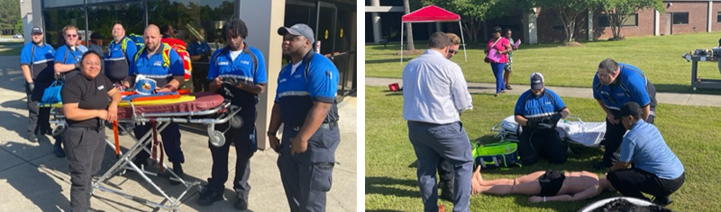 Left image: EMT apprentices in uniform outside of a building around a stretcher; right image: EMT apprentices working on a dummy outside on a lawn